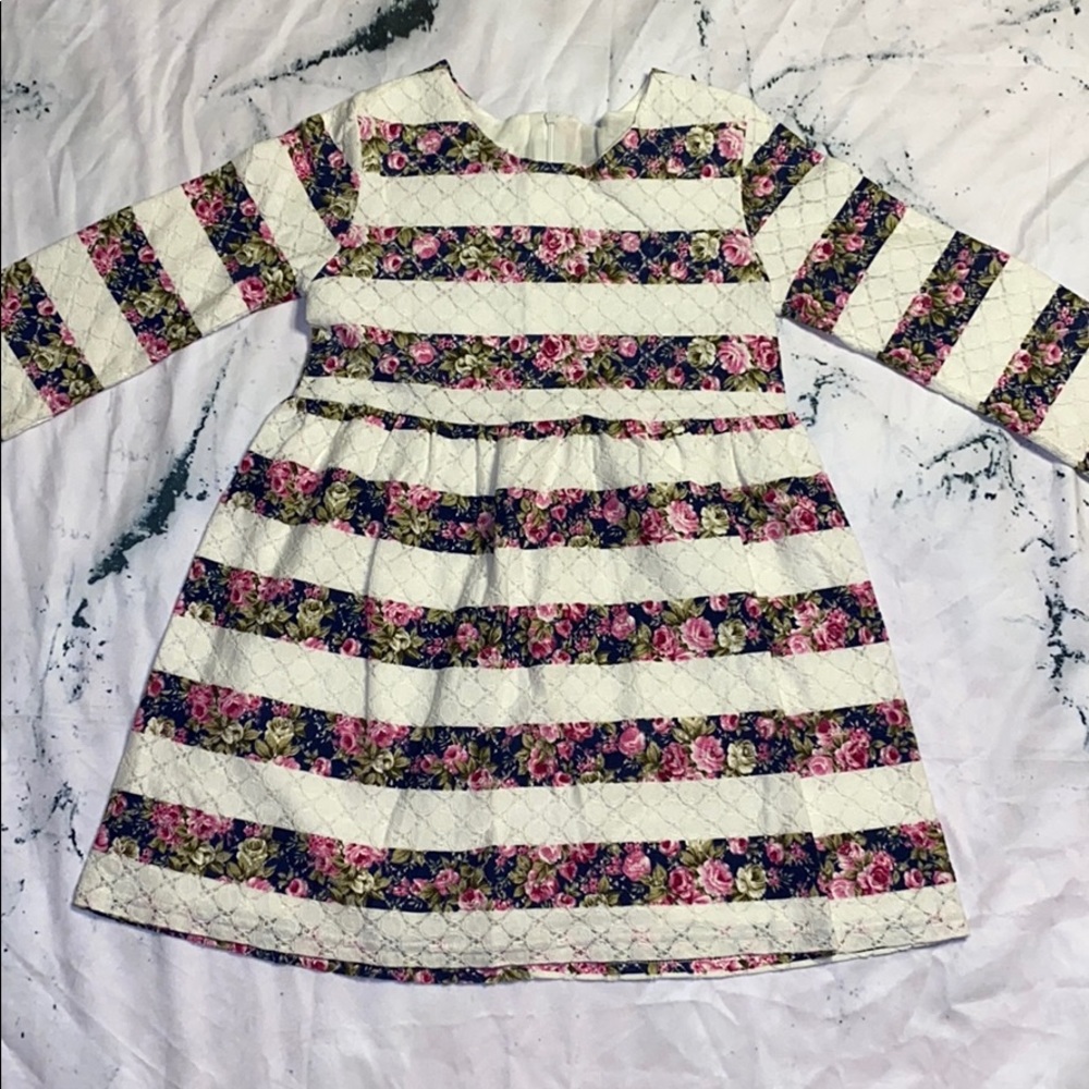 Girls White Floral Striped Dress